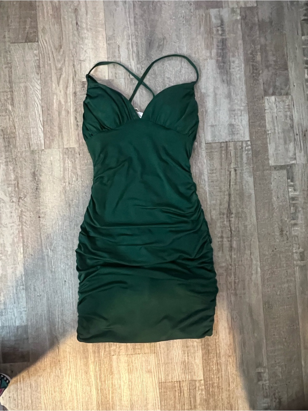 Elegant Green Ruched Mini Dress with Crisscross Straps